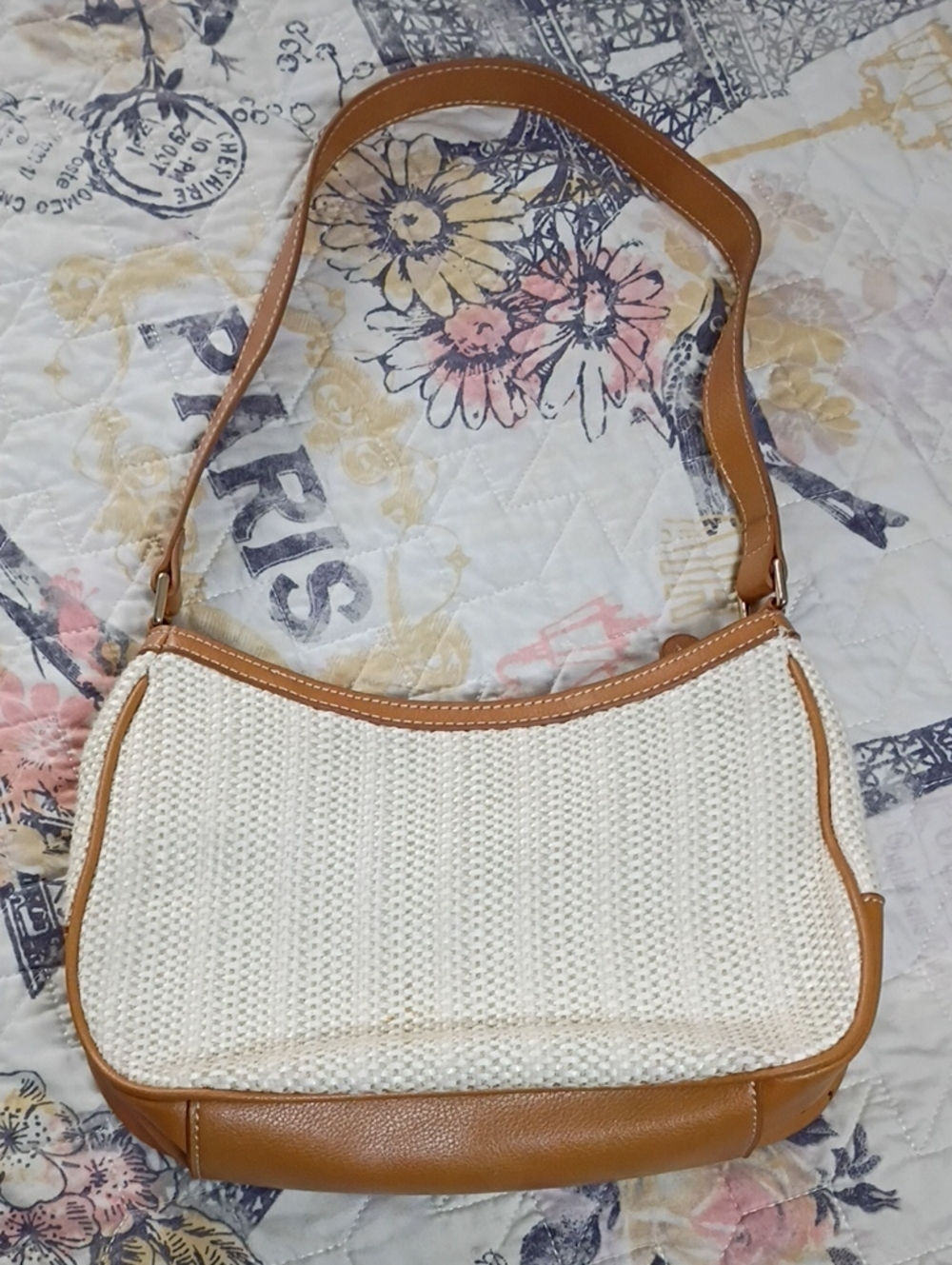 Liz Claiborne Cream Woven Shoulder Bag with Tan Trim